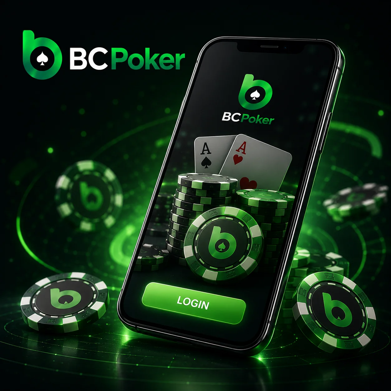 BC Poker mobile login screen with poker chips and secure account access.