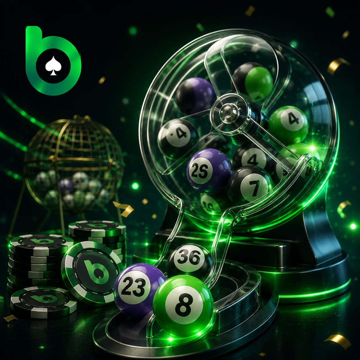 BC Poker lottery game with numbered balls, jackpot draws and casino-style visuals.
